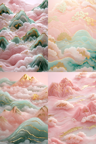 金镶玉雕，超宽视角，粉色背景下粉蓝波浪带金线，云成山峦，中国山水画风格，柔色，柔光影，洒金箔，精致细节。