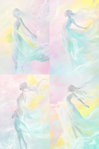 用白色的水做了一个精致动漫女孩，光滑，反光效果，发光效果，白色的水做的长裙，白色的水是泼溅效果，唯美梦幻，浅粉色、浅黄色、浅蓝色、浅绿色的烟雾背景，自然灯光，柔和光线