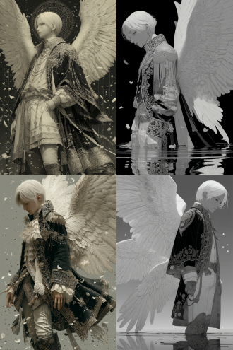 动漫风格，高分辨率，超细节，欧洲的英俊王子，有着迷人的眼睛，白色的头发，冷酷，高贵，巨大的翅膀，穿着贵族的服饰，碎钻，银丝，全身照，动漫风格，站在水面上，黑白色调