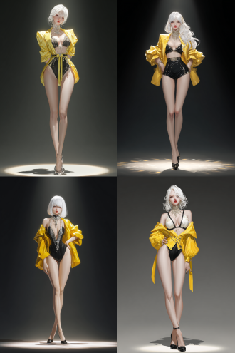 漫画风格，cg，精致，超高清，全身照，白色头发的女人，白色的皮肤，五官精致，钻石头饰，黑色铆钉泳衣，黄色的短夹克，黑色细高跟鞋，站在中央，高贵，优雅，高冷，发光，光滑，透明，反光效果，深色背景，聚光灯，浅景深