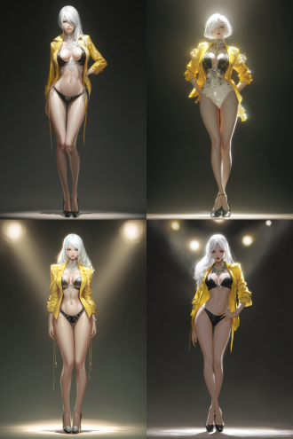 ...漫画风格，cg，精致，超高清，全身照，白色头发的女人，白色的皮肤，五官精致，钻石头饰，黑色铆钉泳衣，黄色的短夹克，黑色细高跟鞋，站在中央，高贵，优雅，高冷，发光，光滑，透明，反光效果，深色背景，聚光灯，浅景深