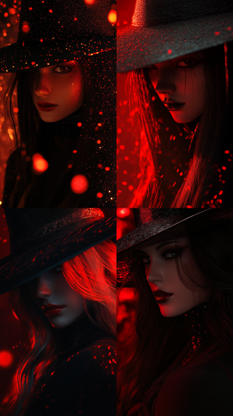 长发贵妇，帽子遮脸，黑色风格，大片红灯光，丝绸礼帽，间谍形象，3d颗粒插画，石榴石红，lumion渲染，月光柔照。