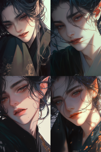 特写绝美面容，有泪痣、美人痣，长睫桃花眼，神情空灵，着长袍，清新空灵风，电影光，特写镜头，清晰对焦，尖牙，神秘。