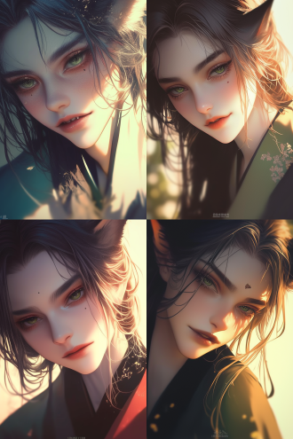 长着狐耳窄眼的绝美脸庞特写，清晨朦胧氛围，电影光效，绿眸低垂，有美人痣长睫毛，清新色调，聚焦精致五官，诱人。