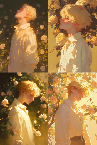 黄发少年如童话王子，白衬衫，在黄昏玫瑰中，逆光，花瓣飘落，复古油画风，暖色调，侧颜优雅，尽显慵懒浪漫。