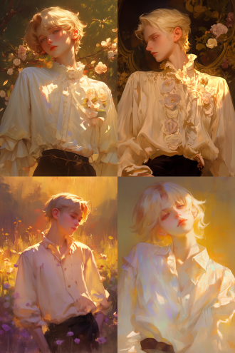 黄发少年如童话王子，白衬衫配玫瑰花瓣，优雅高贵。黄昏逆光，油画质感，低饱和度色彩，慢快门，慵懒浪漫氛围。