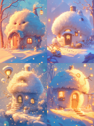 微型景观图，一座毛绒材质的小屋，柔软和蓬松，细腻的纤维结构，光线的柔和反射，温暖的梦幻色调，立体感和层次感，模糊边缘，厚重感，动态效果，对比效果，舒适和奢华感，外景下雪，树上挂着小夜灯，屋子门微微开启。插画，漫画。