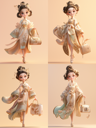 q 版现代3d风格，机灵呆萌，可爱的中国小姑娘，脸部立体，大脑袋，爱笑，大的眼睛，头发蓬松，扎着松散的丸子在头，精致珍珠发夹，精致妆造，穿了一件高定唐装，背着珍珠包包，随意搭配的鞋，全身，瓷肌玉肤，瞳孔追光，中景，超萌，极简画风，3d建模，高清，纯色背景。