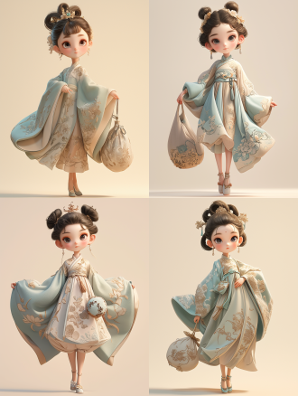 q 版现代3d风格，机灵呆萌，可爱的中国小姑娘，脸部立体，大脑袋，爱笑，大的眼睛，头发蓬松，扎着松散的丸子在头，精致珍珠发夹，精致妆造，穿了一件高定唐装，背着珍珠包包，随意搭配的鞋，全身，瓷肌玉肤，瞳孔追光，中景，超萌，极简画风，3d建模，高清，纯色背景。