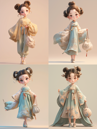 q 版现代3d风格，机灵呆萌，可爱的中国小姑娘，脸部立体，大脑袋，爱笑，大的眼睛，头发蓬松，扎着松散的丸子在头，精致珍珠发夹，精致妆造，穿了一件高定唐装，背着珍珠包包，随意搭配的鞋，全身，瓷肌玉肤，瞳孔追光，中景，超萌，极简画风，3d建模，高清，纯色背景。