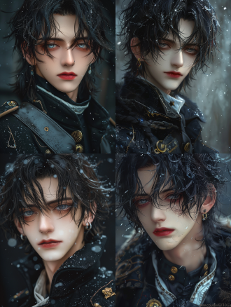 英俊船长制服男性头像，干净背景，32k uhd，完美脸型，长发蓝眼苍白皮肤，黑装银饰，黑暗星空面纱背景，幻想风，特写，冷光。