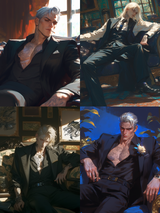 男性全身正面肖像，bjd特征，白发西装纹身，中景，暖光，韩漫风，动态姿势，冷酷，饱和色彩，hd高质量，沙发抽烟。