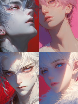 男生特写，浅色头发长睫毛，锐利目光冰冷眼，对角线构图，光线追踪暗红色，高饱和度玫瑰红背景，8k混合写实，高分辨率。