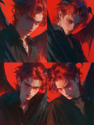 英俊男生全身正面特写，红长发长睫毛，锐利目光，带恶魔角和翅膀，高饱和度玫瑰红背景，光线追踪暗红色，8k 混合写实，高分辨率，支配感。