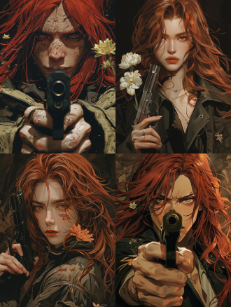 男性面部特写正面肖像，bjd特征，深红长发，功能风风衣，眼下有痣，一手持花一手持枪，棕黑背景，pixiv风，8k，清晰线条。