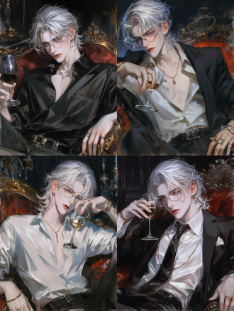 25岁成熟白发男性，五官帅气有dom感，持酒杯坐沙发，低机位，侧光，立体五官，蓝眸轻蔑，斯文败北，暖黄调，暗背景。