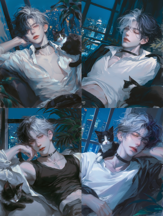 白发露腹肌男生脖子绷带躺沙发床，窗边猫伴城市夜景，华丽室内有纱帘盆栽，8k特写，暖光，温馨，层次光影，顶级品质。