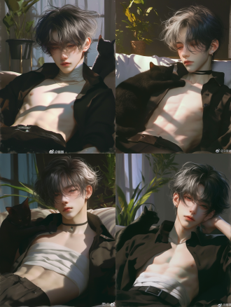 白发露腹肌男生脖子缠绷带躺沙发床，窗边有猫，配纱帘、盆栽，华丽室内夜景，8k特写，暖光，温馨，层次光影，顶级品质。