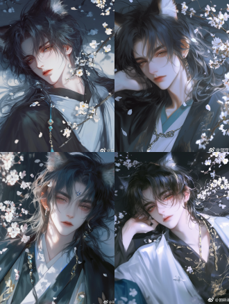 帅气汉服狐男躺梅花园，花瓣落身，正视图特写，绚丽色彩光影美，8k高细节，暖光，安静闲适，梅花树元素。