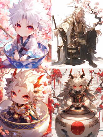 q版白发红眼帅哥表情包坐古白茶杯上腰别匕首，梅花飘落，九宫格布局，32k动漫风，8k画质，绚丽光影，高冷，多种表情动作。