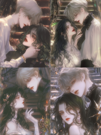 优雅男女楼梯互动，对角线构图，室内暖光，长焦镜头，柔光，深情对视，暖色调，男人抬女人下巴，五官比例协调。