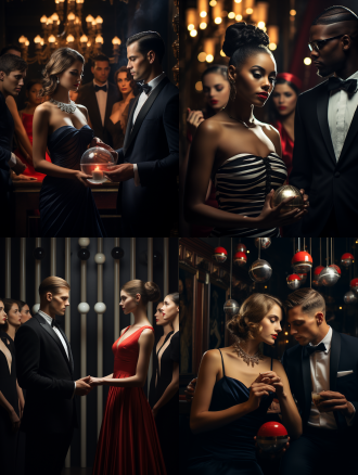 优雅男女室内舞会上互动，半身对称构图，暖光，长焦柔焦慢快门，咬棒棒糖禁欲风，深蓝与黑，深情优雅。