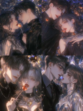 优雅男女互动，对称半身构图，室内舞会，深蓝与黑，暖光，长焦柔焦慢快门，嘴咬棒棒糖，深情优雅禁欲风。