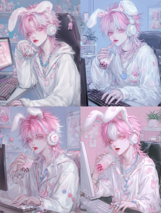 可爱粉发男生穿兔子睡裙、戴白耳机、蓝项链，坐网吧电脑前手放键盘喝奶茶，背面侧面照，暖光，写实风，禁止脸部变形。