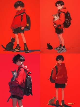 红背景男孩穿红连帽衫黑裙背背包抱猫，黑短发配发饰直视观者，全身像，暖光特写，高饱和，涂鸦风，旁有小动物，精致感。