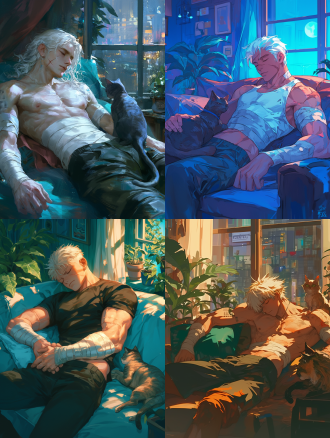 26岁白发腹肌男生裹绷带躺沙发床，窗边猫、薄窗帘与盆栽，豪华室内夜景，8k特写，暖光，光影丰富，温馨惬意，对角线构图。