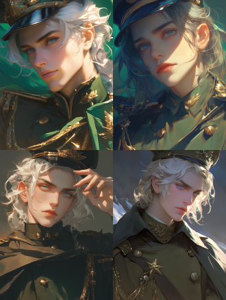 成年男性蔡徐坤，深绿军装军帽披风，灰发蓝眼，含情眼淡唇喉结，近距肖像，冷调高雅，侧光，锐利深邃，紧张感。