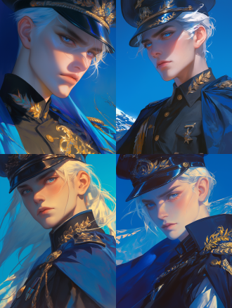 亚洲成年男性帅哥面部肖像，近距离，冷色调，细腻渲染，蓝眼白发，着深蓝装军帽披风，侧光，锐利神情，高雅沉静。