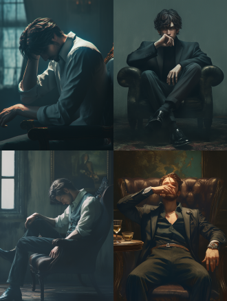 a handsome male model,seated in a chair,eyes covered,dark interior,highest quality,high resolution 8k