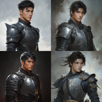 cg，超高分辨率，青年男性，resembling john lone，东方面孔，邻家帅哥，西幻风格，渐变短发，短发，黑发，肌肉线条，健美身材，肌肉男，可靠，气质稳重，身材魁梧硬朗，银灰色铠甲，深灰色战袍，半身像，背影半侧身，回头，微笑