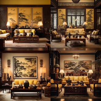 客厅书房中式装修，对称构图，木质家具，水墨画饰墙，暖黄主色，长焦镜头，顶光，宁静，中式典雅氛围。