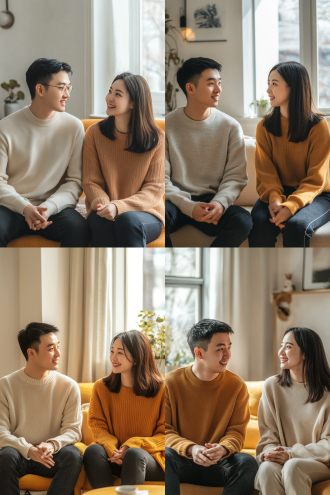 三十岁中国情侣在亮堂客厅聊天，对称构图，暖色调，真实风格，中景，自然光，微笑，互动，温馨，短发男士，长发女士。