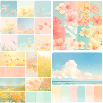 春暖气清，五彩斑斓，风景，- 主色调浅粉色 (#ffd1dc) + 薄荷绿 (#b2f2bb) ， 辅助色：奶油白 (#fff9e6) + 淡黄色 (#fffacd) ，点缀色：珊瑚橙 (#ff7f50) + 浅蓝色 (#add8e6)