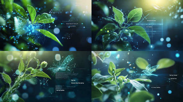 主色调组（70%画面占比），新芽青绿#8dc63f至水蓝#4ac6e6（渐变过渡），应用场景：背景主色/核心视觉延展，设计逻辑：青绿象征破土新芽的生命力，渐变至水蓝科技色，形成春溪流淌的动态视觉。辅助色组深空蓝#2a3f5f，应用场景：框架结构/科技元素描边，设计逻辑：构建稳固视觉基座，隐喻数字宇宙的深邃。点睛色组（5%占比），银灰#e0e5ec，应用场景：ai图标/数据流线条，设计逻辑：塑造科技精密感的光泽度，荧光黄 #fff44f，应用场景：cta按钮/关键信息点，设计逻辑：模拟春天的燕子掠过的动态。视觉元素有在"春溪数据流"视觉元素中，使用青绿-水蓝-银灰三色渐变，展现数据流动感，"ai春燕"图标采用银灰主体+荧光黄喙部设计，呼应精准衔泥的意象，右上角设置阳光粒子光效（使用荧光黄20%透明度），模拟春日暖阳穿透科技云层的意境。