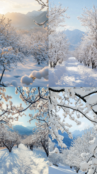 大雪初停，精致白梅树积雪压枝，远处大山清晰，对称构图，户外写实风，广角镜头，顶光，高清细节，静谧，32k画质。