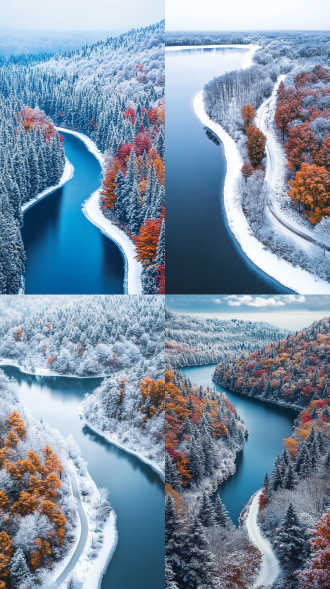 寒冬雪后，宽阔湖面彼岸弯曲小径贯穿树林，远处蓝天，小径旁彩树覆雪，鸟瞰视角，写实摄影，32k超高清，冷色调，宁静。