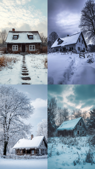 雪后农村老房全景，屋顶覆积雪，中心构图，乡村风画面。冷色调，32k画质，广角镜头，顶光，尽显宁静氛围。