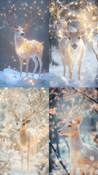 精致的琥珀色眼睛，站在神奇的冬季森林中心，鹿角像树木一样分叉，装饰着天蓝色和淡紫色的明亮宝石，散发着柔和、飘渺的光芒。它的皮毛从金米色变为乳白色，装饰着发光的图案，让人联想到飘渺的纹身，散发着柔和、超凡脱俗的光芒。驯鹿下面的雪地上闪烁着微小的灯光，看起来像闪烁的星星，以 4k 精度无缝融合了现实主义和超现实主义。