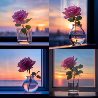窗台上粉色玫瑰插透明束口瓶，窗外粉紫晚霞配深蓝天边，三分构图，暖色调，特写镜头，逆光，静谧氛围，精致感。