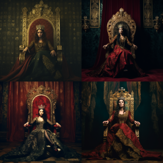 女王坐暗红色镶金王座翘腿仰视，暗绿花纹丝绒背景帘，黑长发皇冠微笑，阶梯在下，对称构图，暖光，长焦，华丽，优雅。