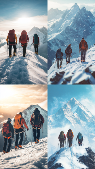 一家三口登雪山登顶远眺另一高峰，近景构图，登山服背包手杖，线条清晰，高级质感，户外，逆光，长焦，兴奋，冷色调