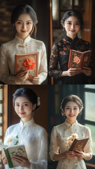 幸福中国女人，手持书旁有插花，三分法构图，室内暖光，长焦镜头，文艺风，浅景深，微笑，优雅，高级色调。