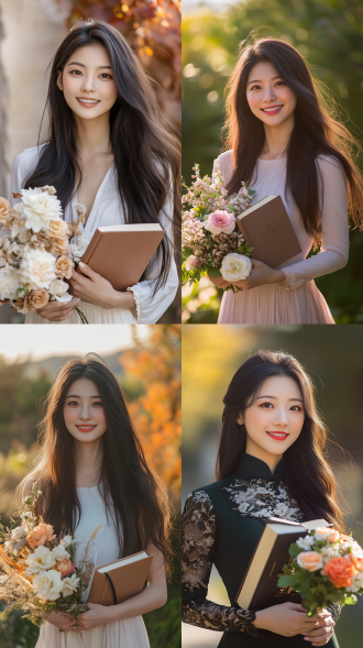 幸福中国女人，长发飘逸，手持书与插花，户外，三分法构图，暖光，长焦镜头，清新色彩，优雅姿态，高级感。