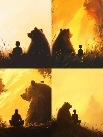 男人与大熊并肩坐看远方背影，手绘卡通风，明亮光线，清晰线条，对角线构图，暖黄调，长焦镜头，沉思氛围，有深度寓意。