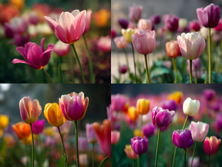 郁金香开花于泰姬陵花园，三分法构图，微距镜头，顶光，焦点清，色彩艳，花在微风摇曳，纪实风，生机勃勃。