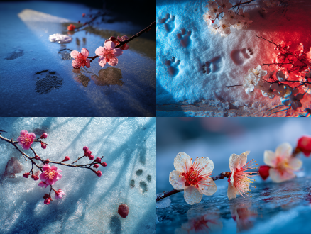 冰下梅花绽放，雪地有脚印，旁置暖手宝，对称构图，蓝红对比，微距镜头，逆光，静谧氛围。